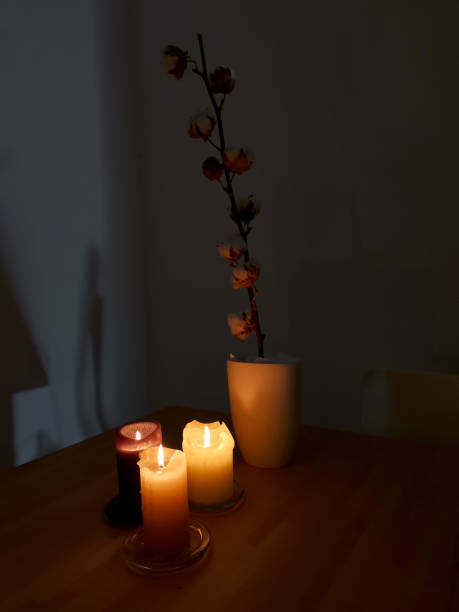 istock Candles glowing on a table with cotton plant branch 1442725352