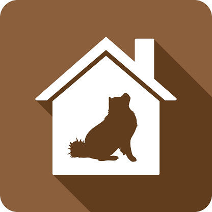 Vector illustration of a house with dog icon against a brown background in flat style.