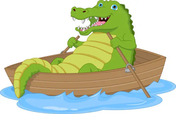 Vector illustration of Cute cartoon crocodile Rowing a wooden boat