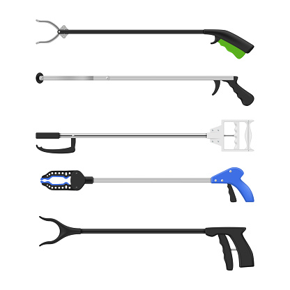 Grabbers device for elderly disabled people set realistic vector illustration. Pick up tool mobility assistance contraption with hook tongs for grip taking with handle. Staff stick long reach grabber