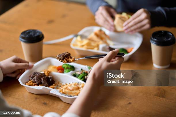 Asian Woman Eating Lunch Box Stock Photo - Download Image Now - Lunch Box, Lunch Break, Lunch