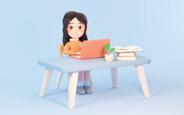 istock The girl works with computer at desk, 3d rendering. 1442730713