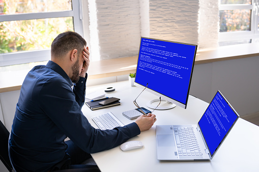 Blue BSOD Error At Computer. Malware Attack