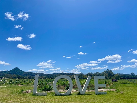 Horizontal landscape of rural grass vegetable field with a big white wood love sign and Mt Chingogan mountain in horizon under blue sky in Mullumbimby Byron Bay Area NSW Australia