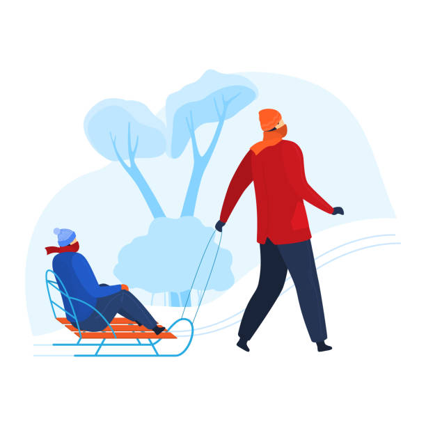 istock Winter christmas fun sled outdoor games people. Wnter, ice skating, playing outdoors, active season cartoon style vector illustration isolated on white 1442735314