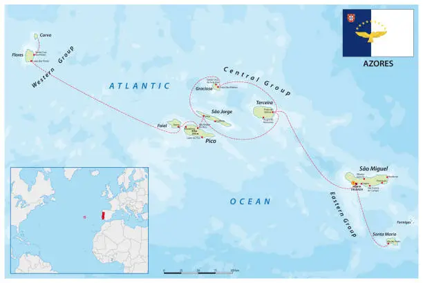 Vector illustration of vector map of the portuguese archipelago Azores in the Atlantic ocean, Portugal