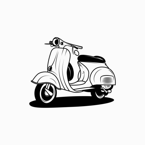 ilustrações, clipart, desenhos animados e ícones de preto e branco vintage scooter logo - motorcycle motocross biker moped
