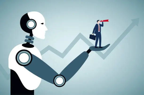 Vector illustration of Artificial intelligence helping businessman make strategy and forecast.