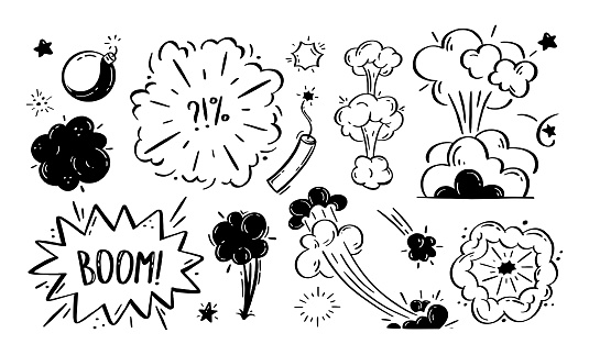 Comic explosions and bombs set. Speech bubbles with the words bom, boom, pow. Vector doodle