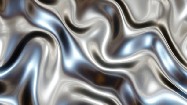 silber metallische wellen, glänzende chrommetall wellige flüssige mustertextur - silberfarbiger hintergrund stock-fotos und bilder