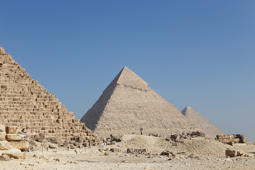 Stone pyramids in the desert at Giza Cairo, Egypt.