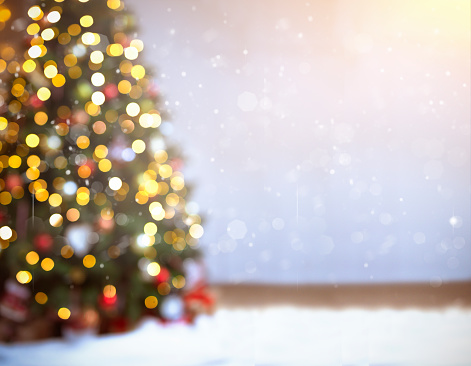 Christmas banner with elegant fir on a blurred defocus background with lights. Christmas banner with space for copy, blurred lights, highlights. Defocus blurred background