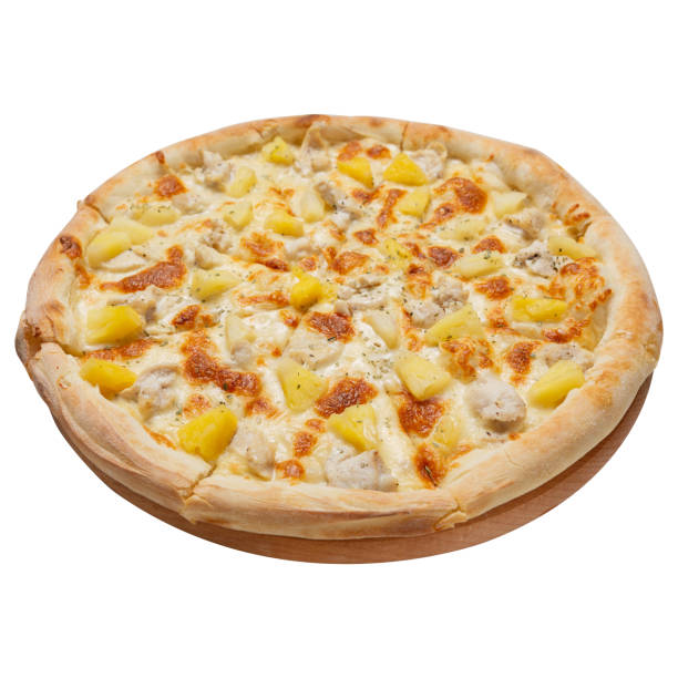 istock Hawaiian pizza with chicken and pineapple, on a white background 1442742549