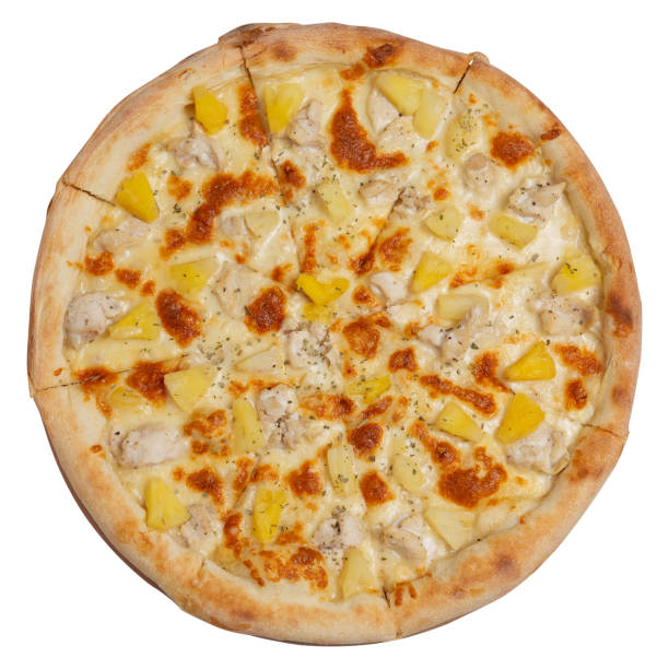 istock Pineapple Hawaiian pizza with chicken and pineapple, cut into pieces, on a white background, isolate 1442742564