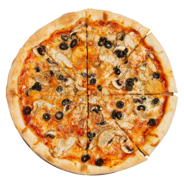 istock Italian pizza with chicken, cheese and olives, cut into pieces, on a white background, isolate 1442742573