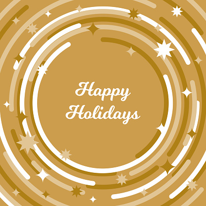Round gold frame embraced with gold and white circle paths on gold background. Happy Holidays text, Christmas background.