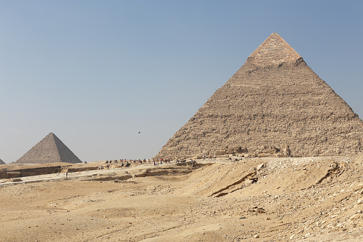 Stone pyramids in the desert at Giza Cairo, Egypt.