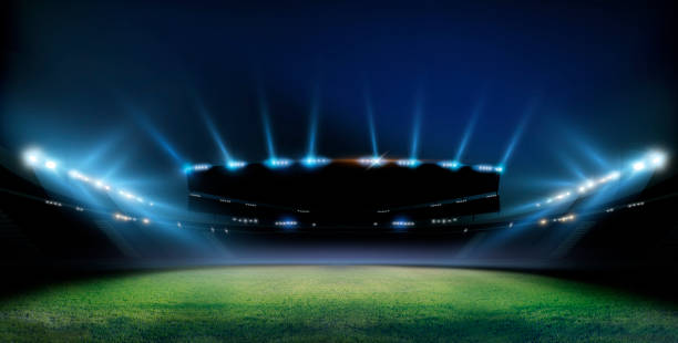 istock Green soccer field, bright spotlights, 1442743957