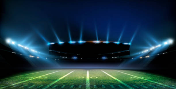 istock Green soccer field, bright spotlights, 1442743958