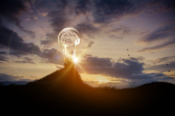 istock human brain on Sky background. Concept of idea and innovation. 1442743980
