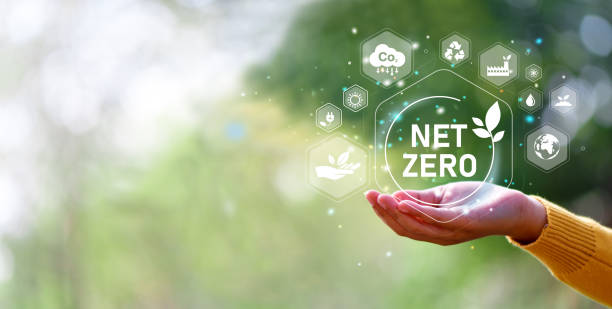 Hand holding green leaf with Net-Zero icons. CO2 Net-Zero Emission - Carbon Neutrality concept. stock photo