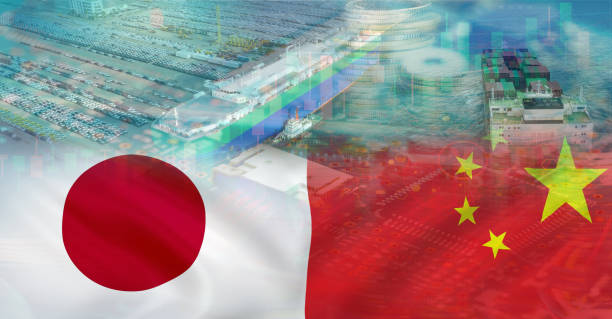 Japan China business trade and economic relationship. China electric car investment in Japan economy. Japanese companies go Zero China policy concept. Japan and china politics conflict. Trade war. stock photo