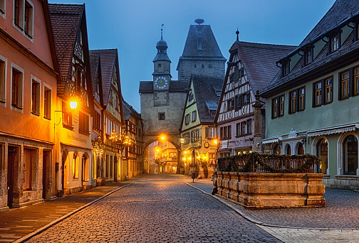 Morning view of Christmas decorated, empty Rothenburg ob der Tauber, Bavaria, Germany
