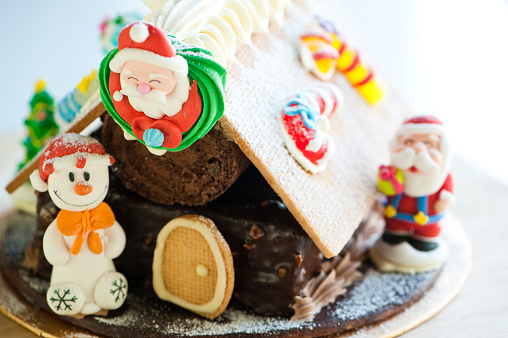 close up of chocolate christmas cake, gingerbread house