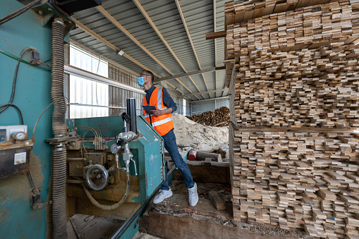 A male technician works in a wood processing factory