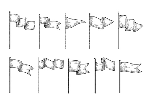 Hand drawn flags. Sketch waving fabric on pole, different flag engraving shapes with waves, empty isolated vector set. Flagpoles with various pennants, pins for map or destination pointer