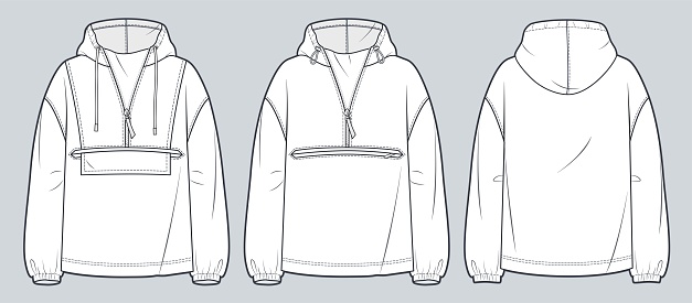 Unisex Hoodie technical fashion illustration. Set of Hoodie Sweatshirt fashion flat technical drawing template, pocket, zip-up, front and back view, white, women, men CAD mockup.