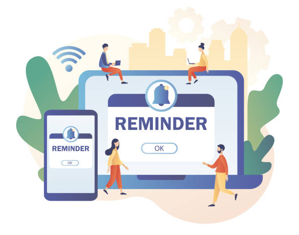 istock Reminder concept. New notice. Notifications page with notification bell on smartphone and laptop. Important reminder. Event push message. Modern flat cartoon style. Vector illustration 1442752968