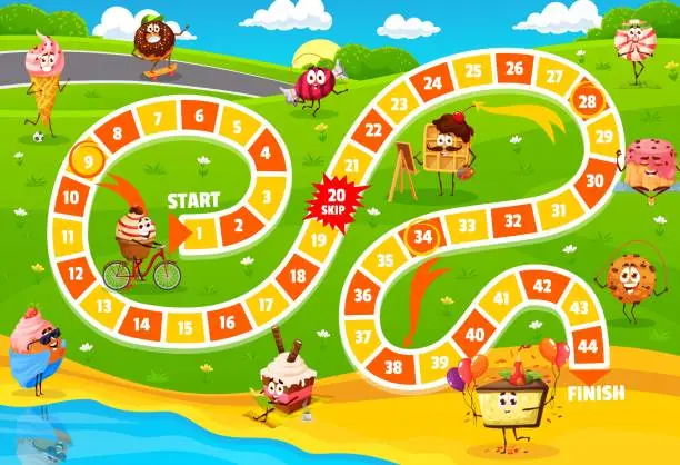 Vector illustration of Kids board game with cartoon desserts characters