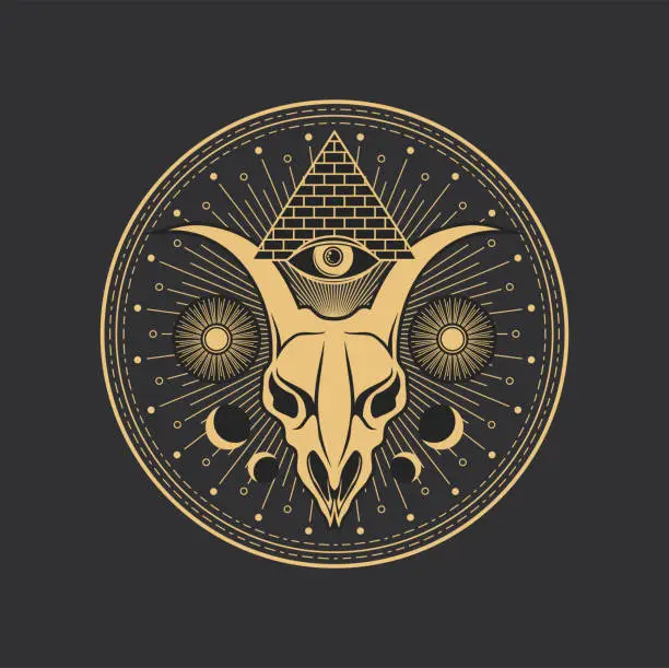 Vector illustration of Pentagram occult magic circle, goat skull, pyramid