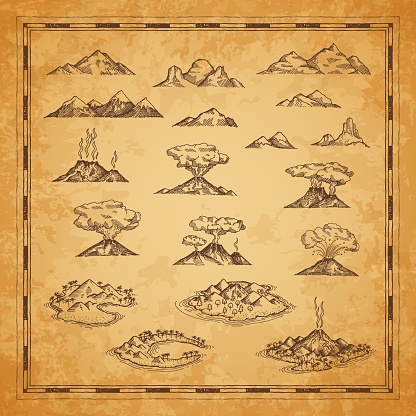 Vintage map islands, mountains and volcanoes sketches. Antique cartography vector elements of hand drawn fantasy islands surrounded by water, mountain peaks, erupted volcanoes with magma and smoke
