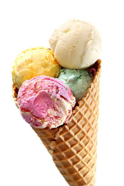 istock Four colored scoops of ice cream in a waffle cone 144275889