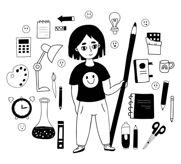 Vector illustration of Collection doodles back to school. Cute girl schoolgirl with pencil, school subjects and stationery. Vector illustration. Isolated linear hand drawings for design educational themes.