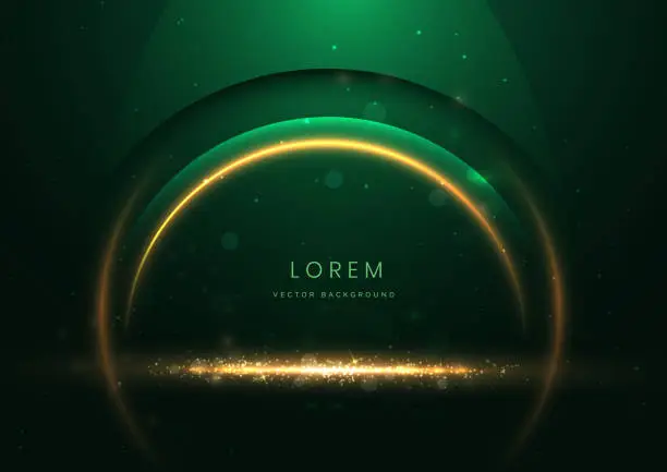 Vector illustration of Luxury dark green background with circle glowing green and golden line lighting effect sparkle.