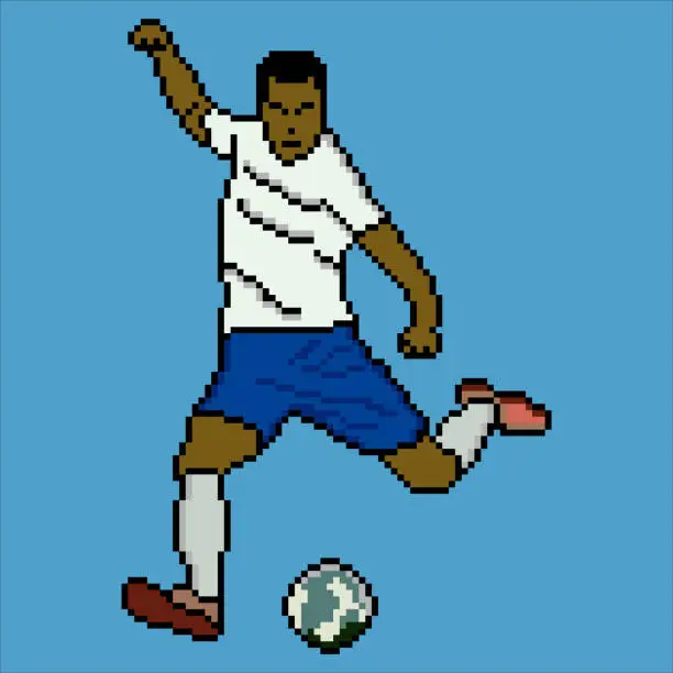 Vector illustration of Soccer player kicking ball with pixel art.
