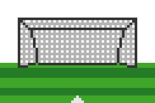 Pixel art soccer goal field. Vector illustration.