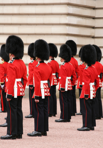One armed soldier guard using bearskin standing in the front yard at Buckingham Palace, London, England. This picture was taken from outside the palace during the changing of The Queen's Guard, the infantry soldiers charged with guarding the official royal residences in the United Kingdom. A bearskin is a tall fur cap, usually worn as part of a ceremonial military uniform.