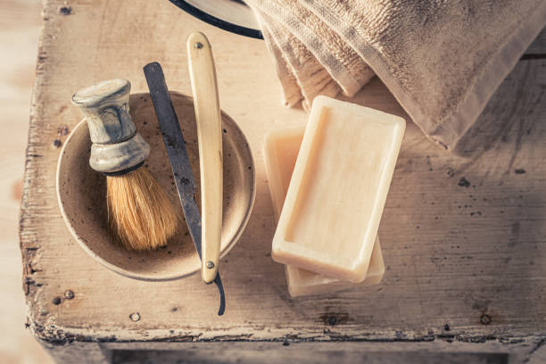 istock Old and unique shave set with razor and soap. 1442764266
