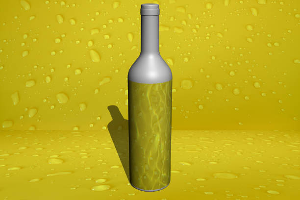 bottiglia di vino d'oro isolata sullo sfondo della stanza della goccia d'acqua dorata. sala vetrina gialla. - grape white grape green muscat grape foto e immagini stock