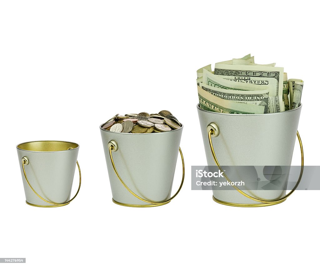 Three buckets of money in a row Three buckets with money, different sizes Multiple Image Stock Photo