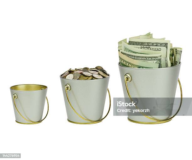 Three Buckets Of Money In A Row Stock Photo - Download Image Now - Multiple Image, Investment, Bucket