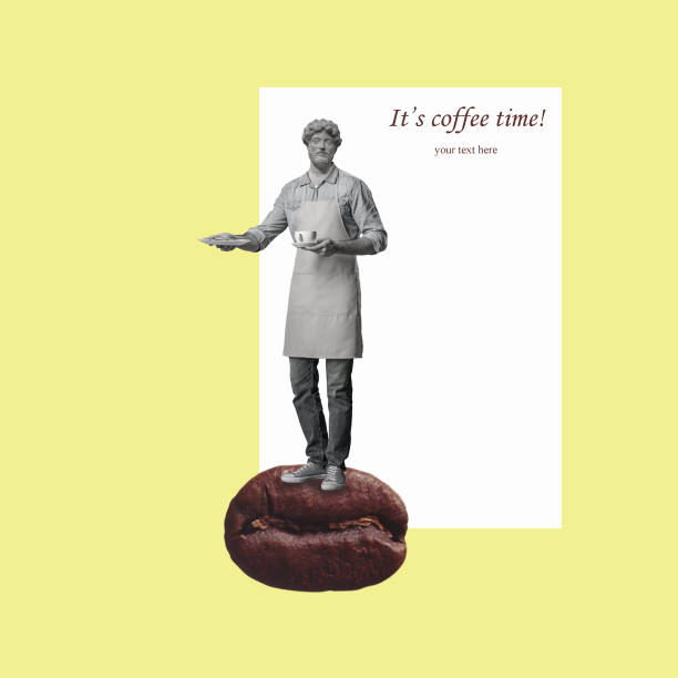 Creative art collage of a man headed by a statue head holding a cup and plate.