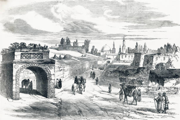 Euphrates Valley route to India Aleppo 19th century A road that leads to India. Aleppo, Syria euphrates syria stock illustrations
