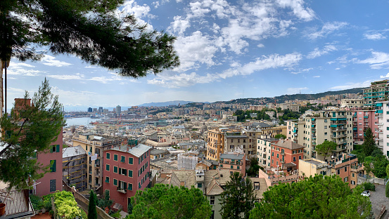 Naples, Italy. August 31, 2021. View of the Gulf of Naples from the Posillipo hill with Mount Vesuvius far in the background.