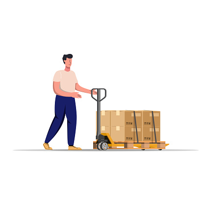 Hand pallet truck with cardboard boxes,Storage, sorting and shipping. Storage equipment. Loaders move pallets with boxes in piles using hand pallet trucks