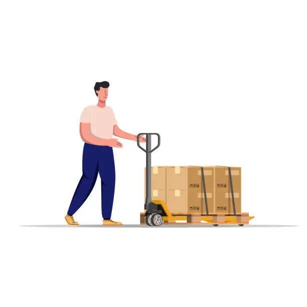 Vector illustration of Hand pallet truck with cardboard boxes,Storage, sorting and shipping. Storage equipment. Loaders move pallets with boxes in piles using hand pallet trucks